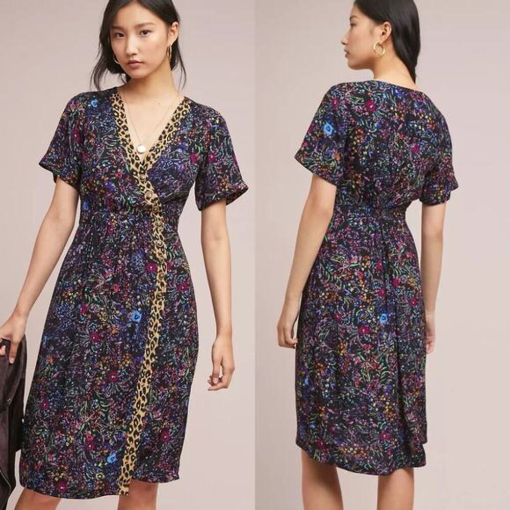 Anthropologie Maeve Cheetah Floral Multi‎ Purple Dress Knee Length Womens Size 0